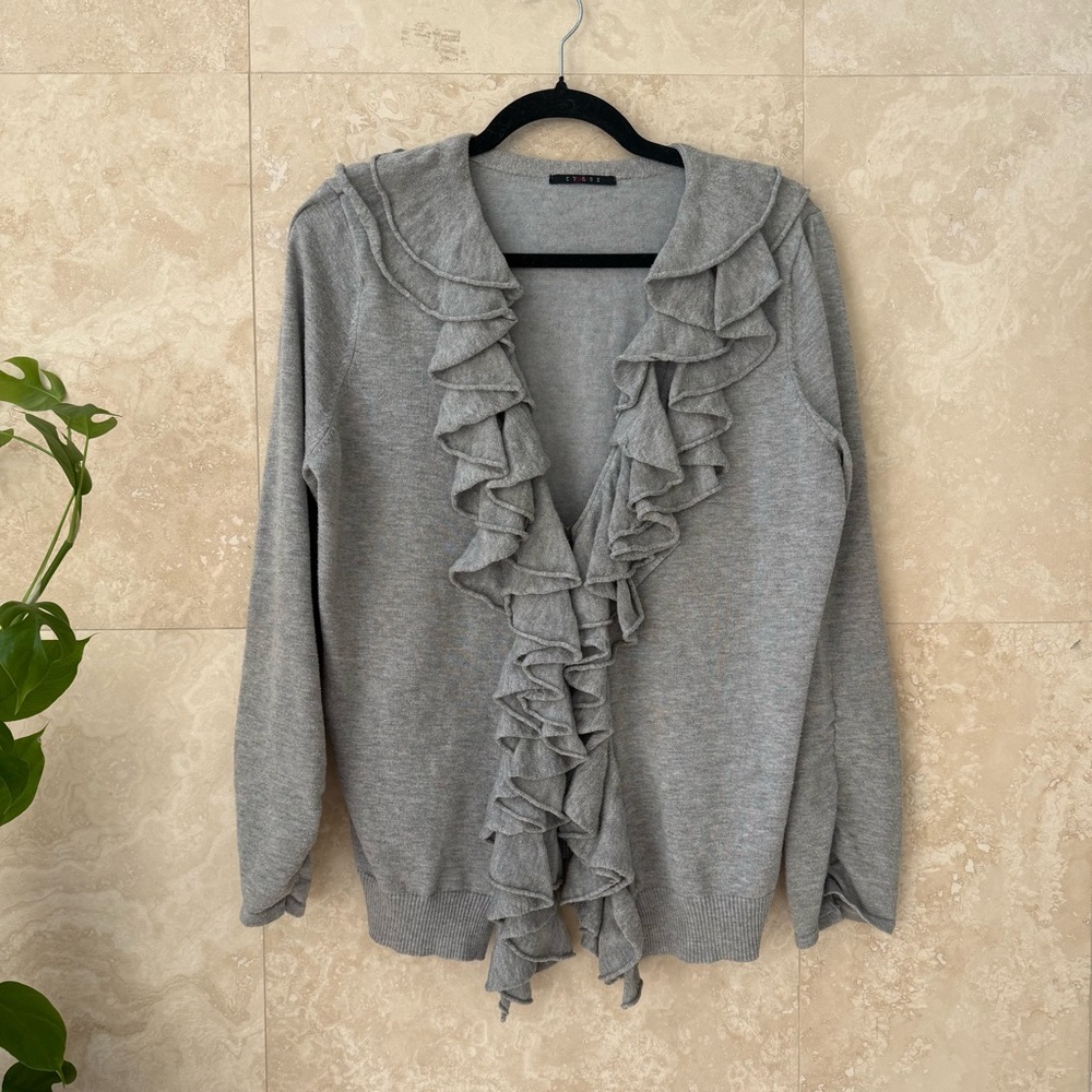 Cyrus Gray Ruffle Cardigan Waterfall Front Sweater Women’s Small